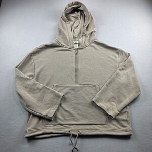 HM Womens Large Taupe Beige Quarter Zip Hoodie Drawstring‎ Pullover Sweatshirt